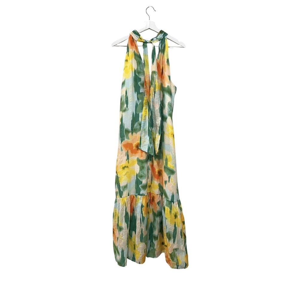 1.STATE Dress Womens Large Multicolor Floral Halter Maxi Tiered Hem Yellow Green - Picture 3 of 11